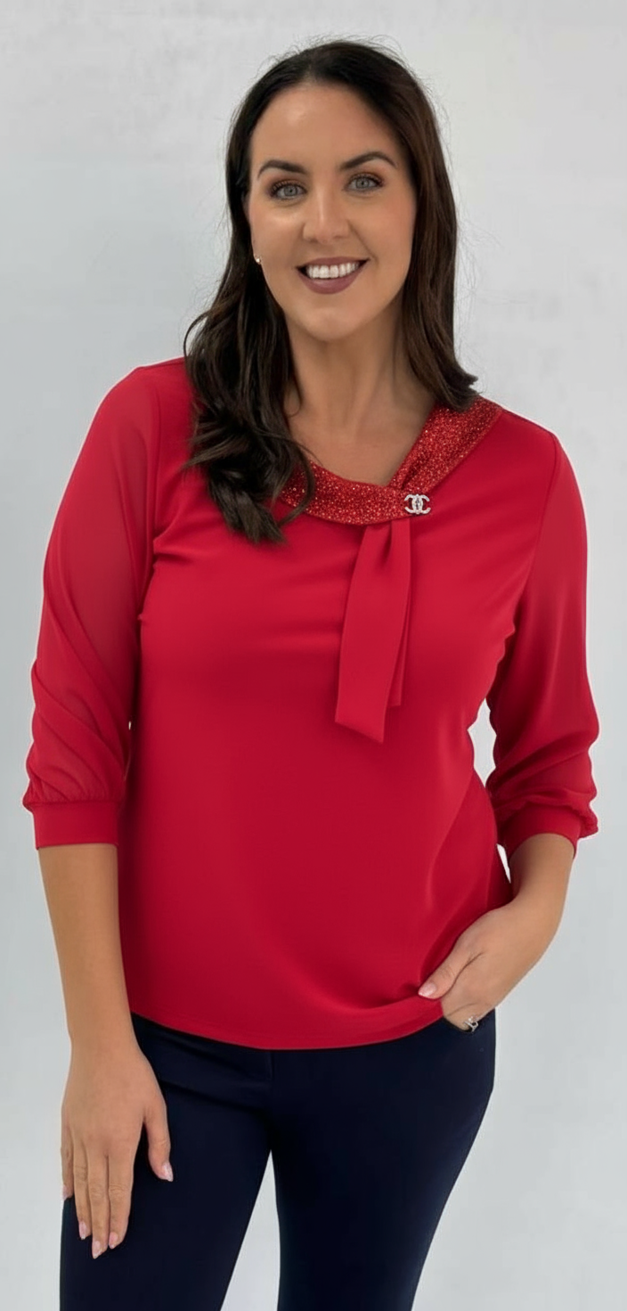 Yew Crystal top with Draping glitter collar Red