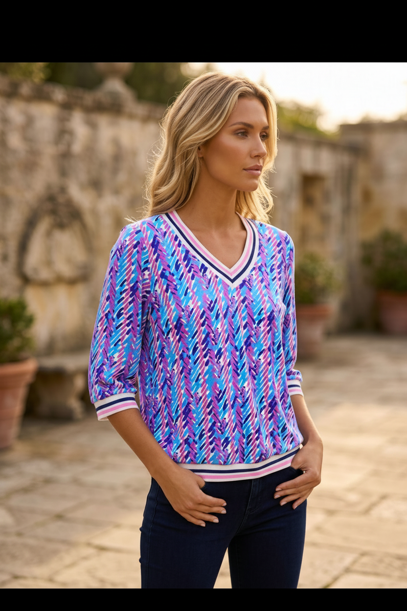 YEW Blue Purple Chevron V-Neck Top – Lifestyle Upper Body