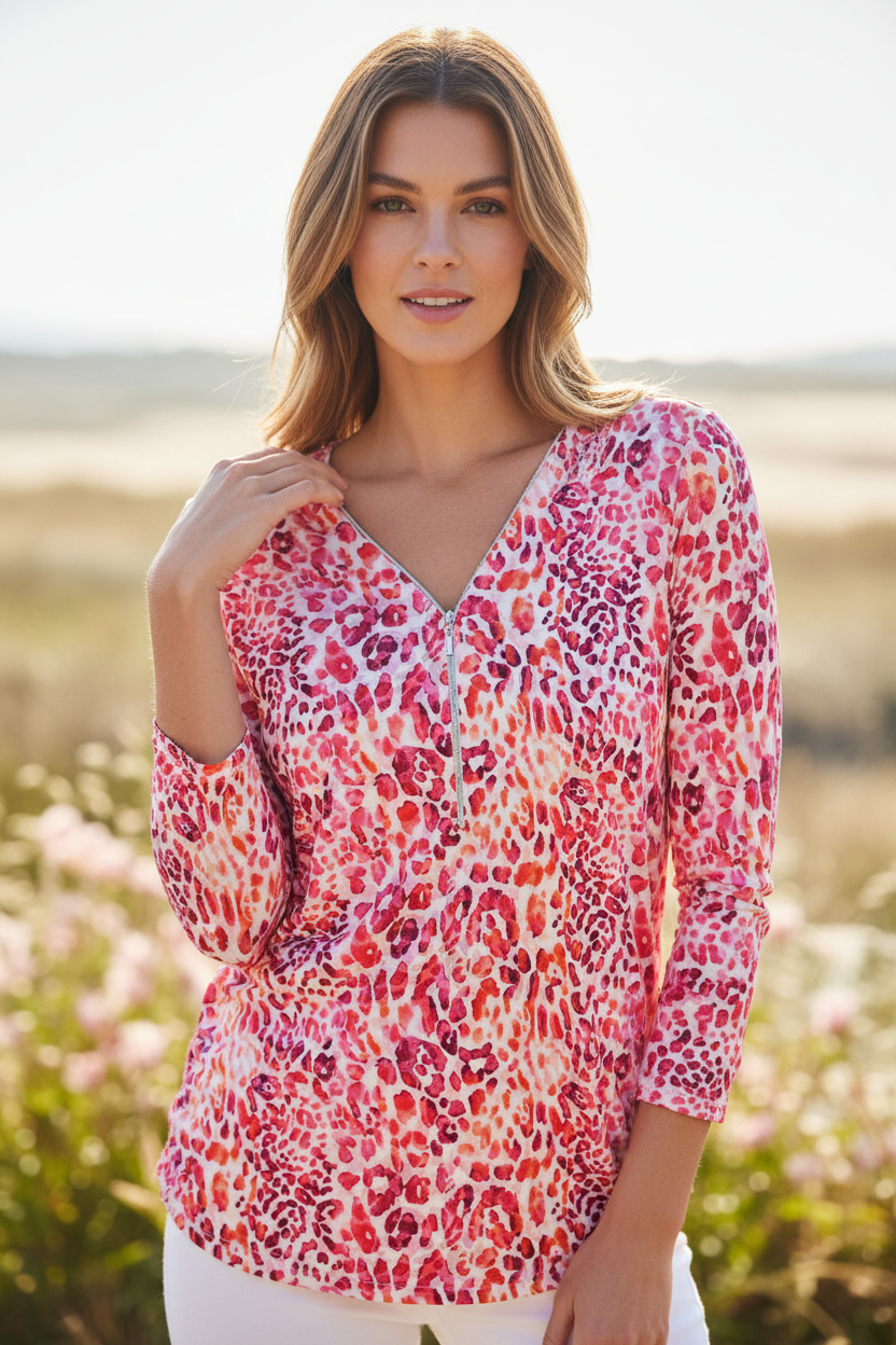 YEW Pink Leopard Zip Neck Top – Lifestyle Upper Body