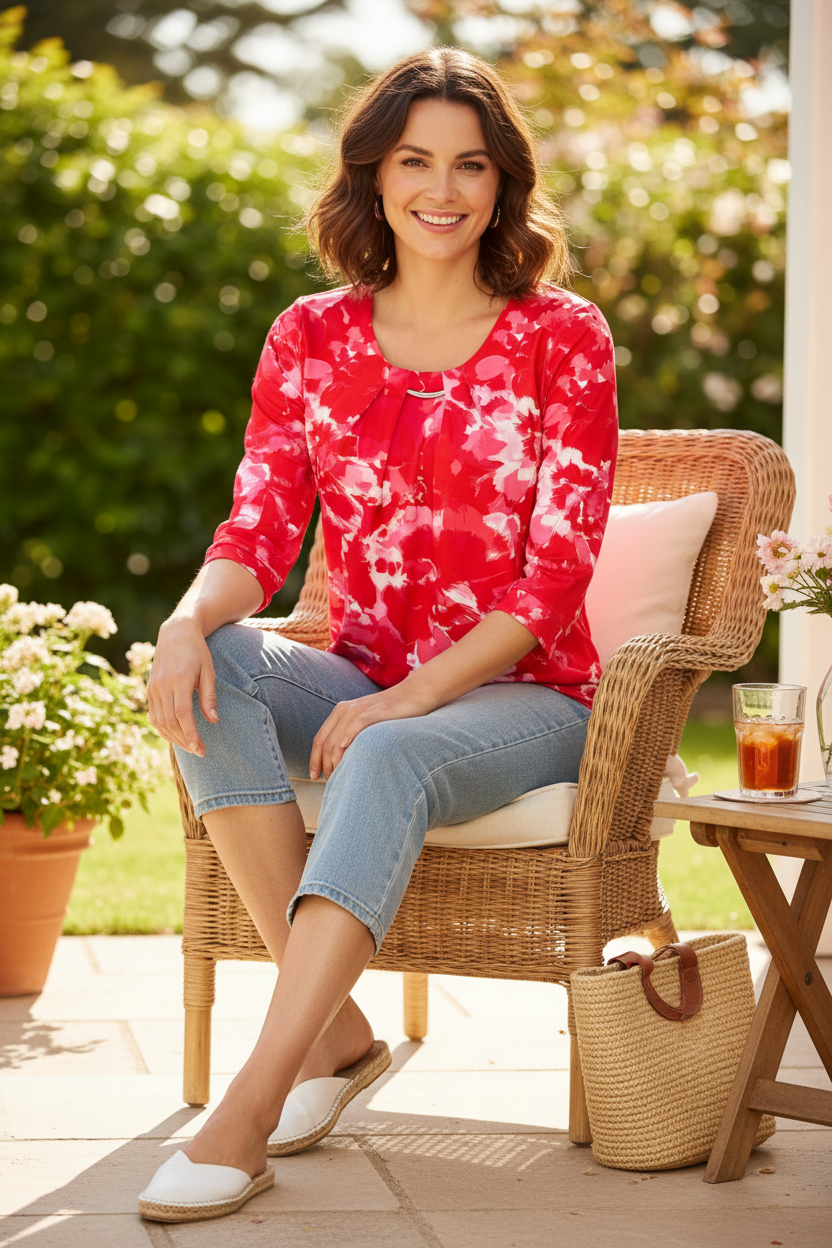 YEW red floral print top lifestyle image