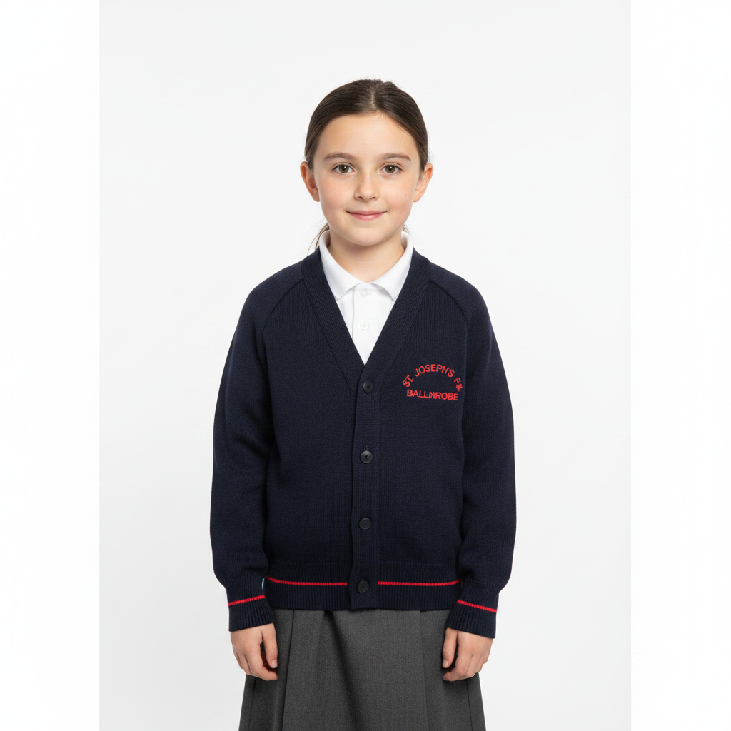 Young Girl - Navy Cardigan with Red Stripe - Square