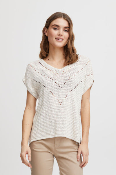 Fransa Cotton/linen mix short sleeve knit in antique cream 20611949