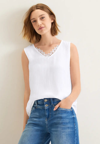 Street One White crinkle sleeveless top with crochet detail 343897