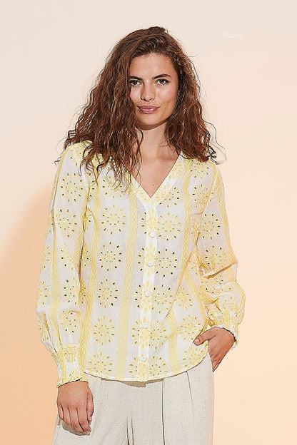 Rue De Femme  White and Lemon v neck shirt 6981 Rossa - pop up shop