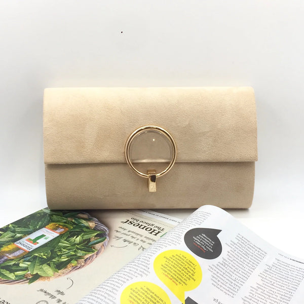 Suede Clutch bag with gold hardware