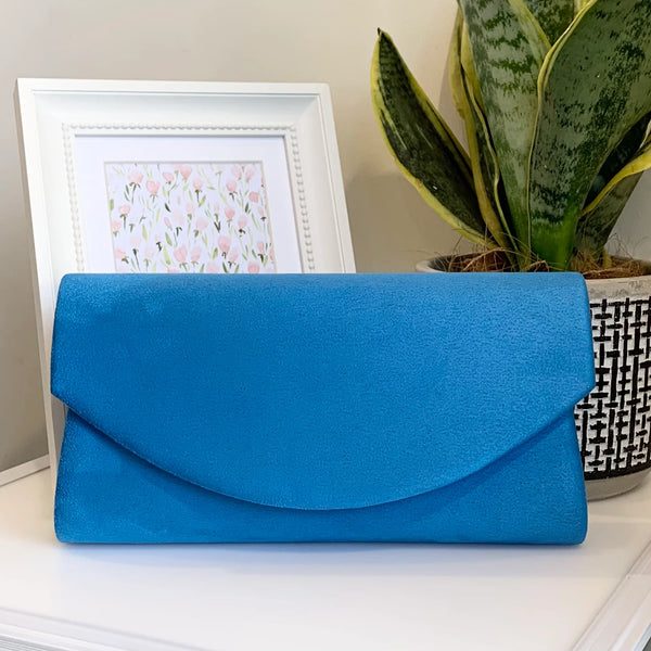 SUEDE CLUTCH BAG WITH LONG CHAIN
