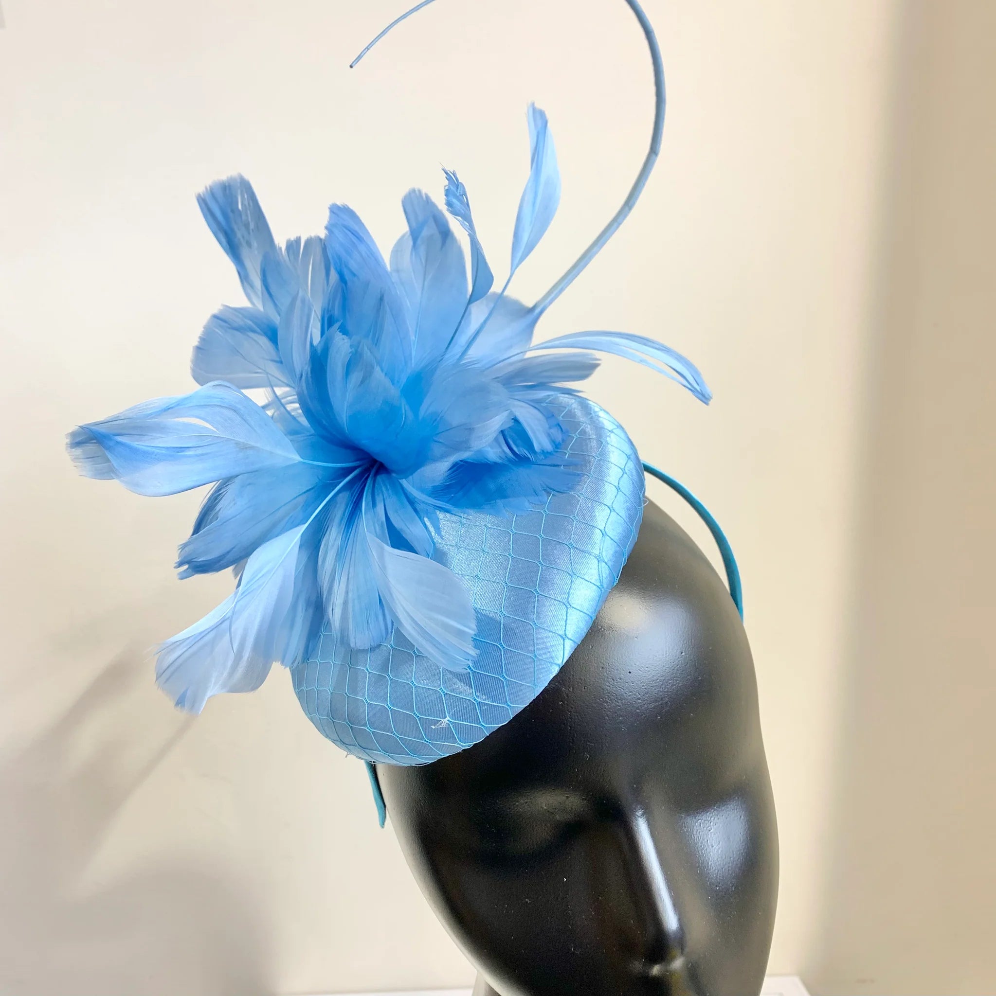 Pillbox style fascinator with feather and spike detail on band D04